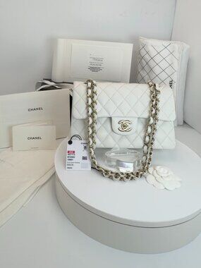 NWT, Chanel Classic Double Flap Small White Purse, Caviar with Gold hardware
